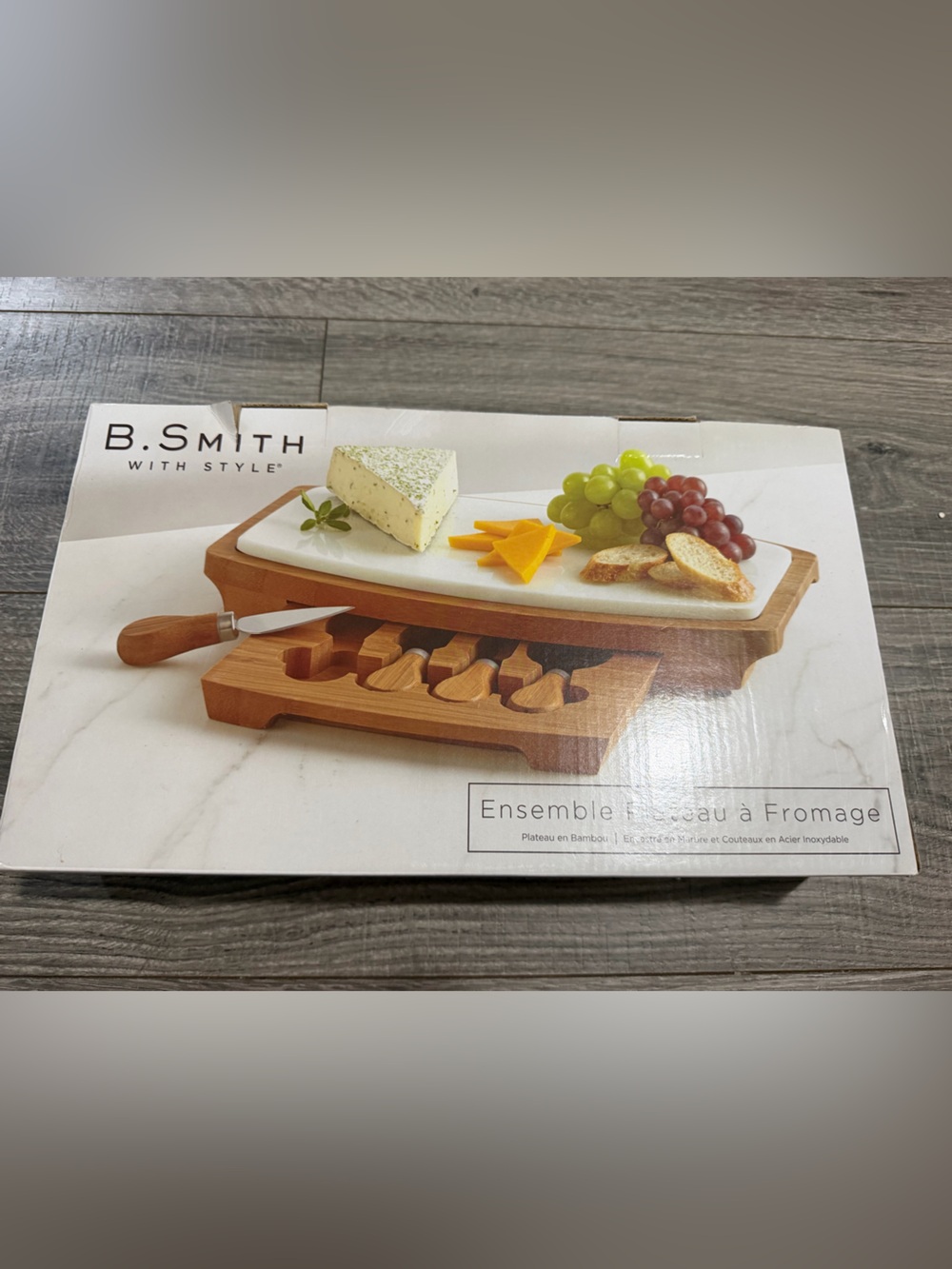 B. SMITH White Marble & Natural Wood Cheese Serving Set